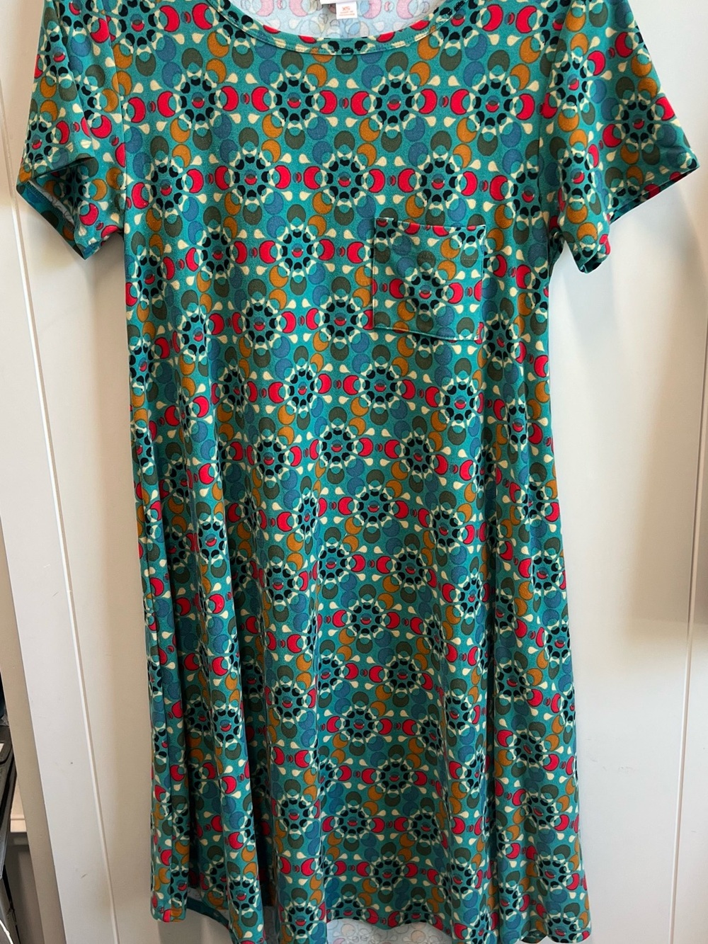 LuLaRoe Teal Floral Geometric Short-Sleeve Dress with Pink and Mustard Accents